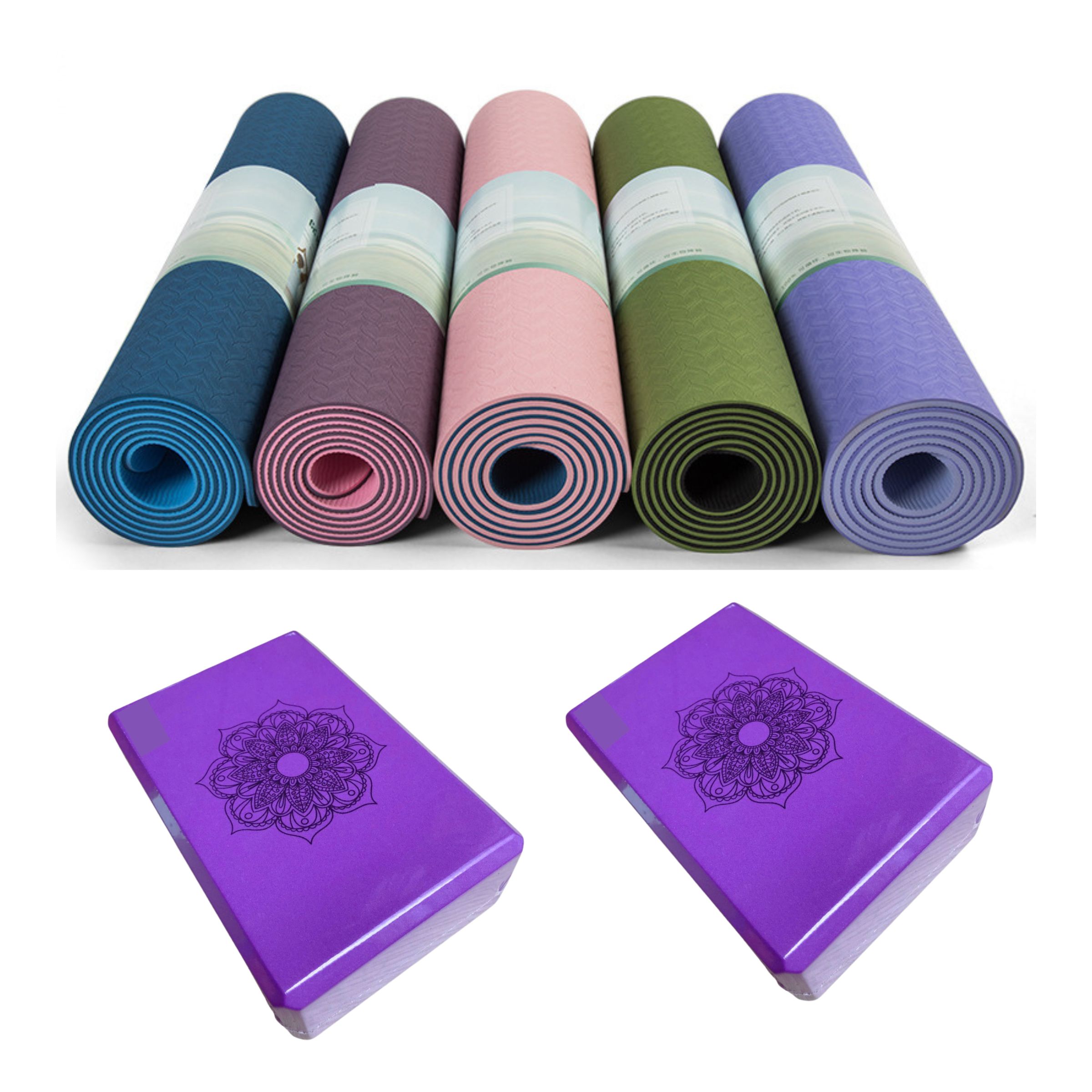 Combo Thảm Yoga TPE 2 Lớp 6mm, 2 Gạch Tập Yoga - YOGA QG, Thảm Chống Trơn Trượt, Thấm Hút Mồ Hôi, Mềm Mại, Không Gây Kích Ứng; Gạch Nhẹ, Có Độ Nén Cao, Chịu Lực Tốt - Hàng chính hãng