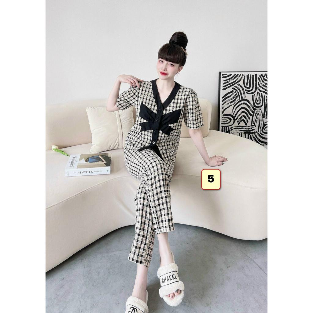 Bộ mặc nhà nữ vải xô thoáng mát, cổ V,tay ngắn,quần dài 40-55kg
