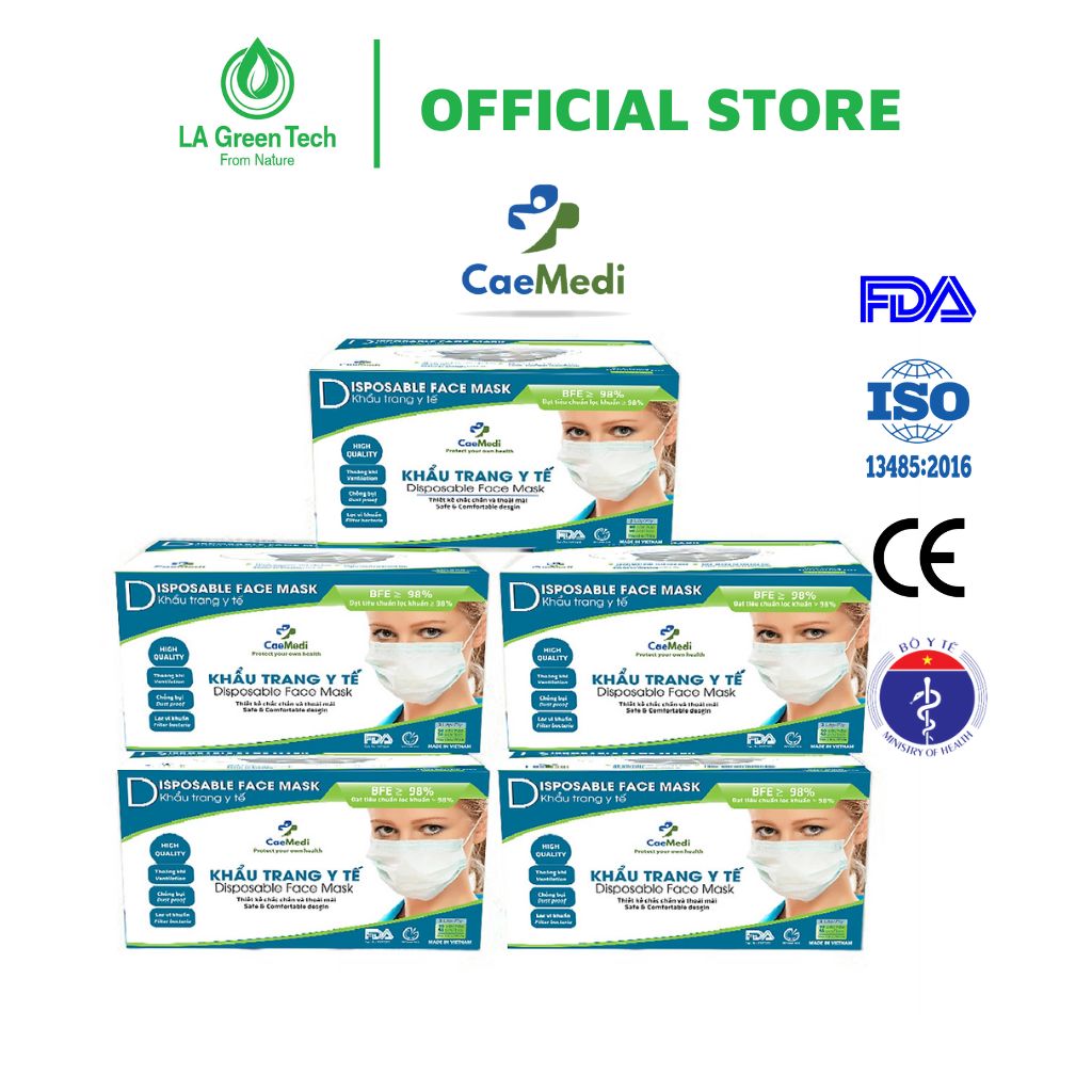 COMBO 5 HỘP Khẩu trang y tế CAEMEDI 3 lớp TRẮNG/XANH Cao cấp, kháng khuẩn, lọc bụi bẩn đạt chuẩn BFE, FDA xuất khẩu Hoa Kỳ - Hộp 50 cái