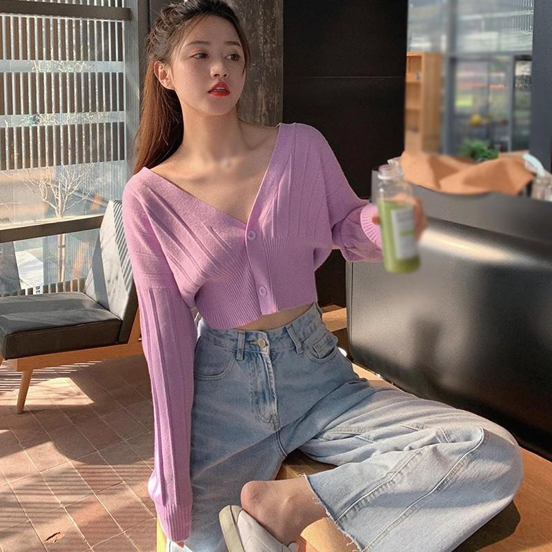 Áo Khoác Cardigan Dài Tay Cổ Chữ V Phối Nút Xinh Xắn Dành Cho Nữ