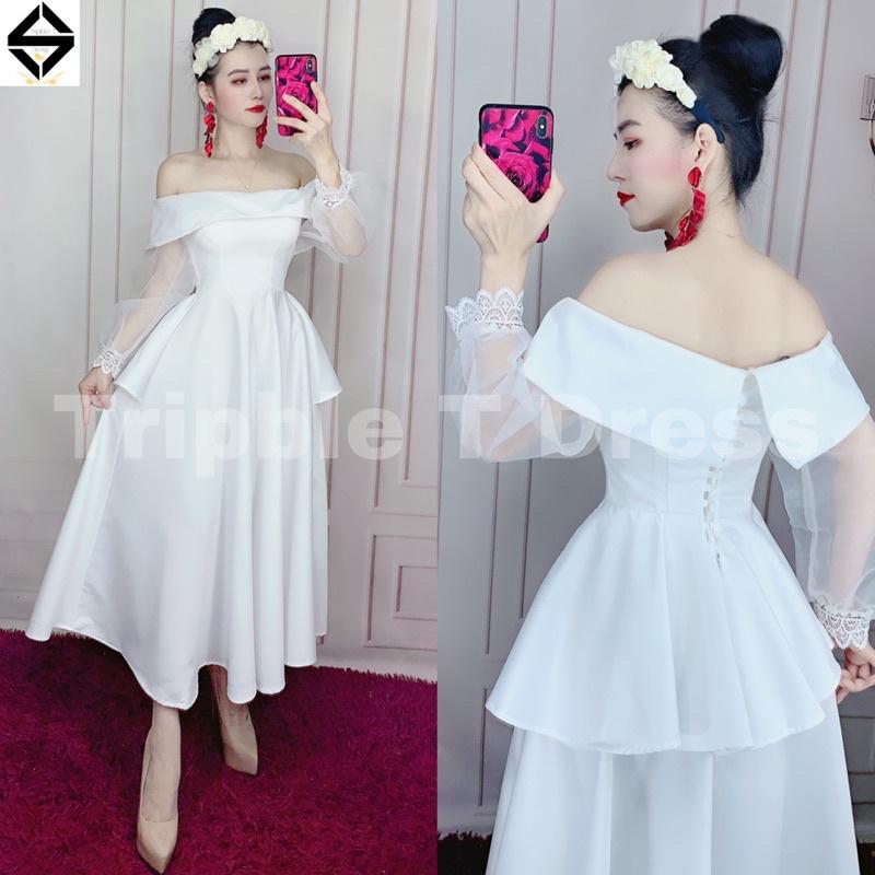 Đầm xòe dự tiệc mặc cưới bẹt vai tay dài voan phối viền ren TRIPBLE T DRESS -size S/M/L - MS51Y