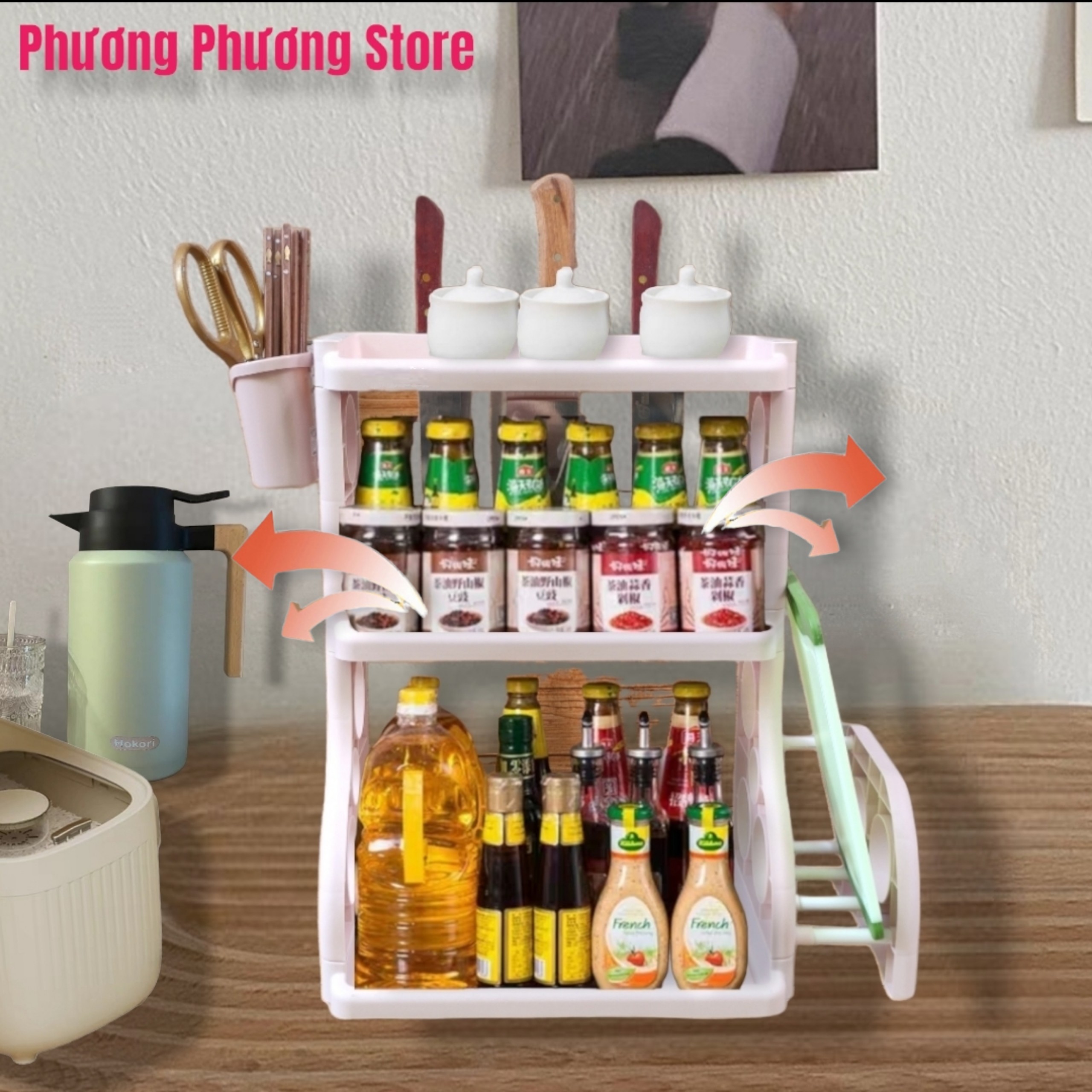 Kệ Gia Vị 3 Tầng Đa Năng, Kệ Gia Vị 3 Tầng Để Bàn Đa Năng Cao Cấp, Kệ nhà Bếp Có Khe cắm Dao Để Thớt Và Giỏ Đựng Đũa
