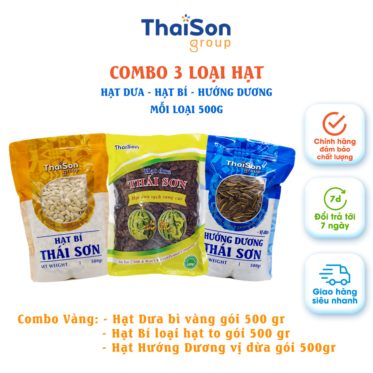 Combo 3 loại Hạt Dưa, Hạt Bí, Hạt Hướng Dương Thái Sơn Gia Lai - Bịch 500gr