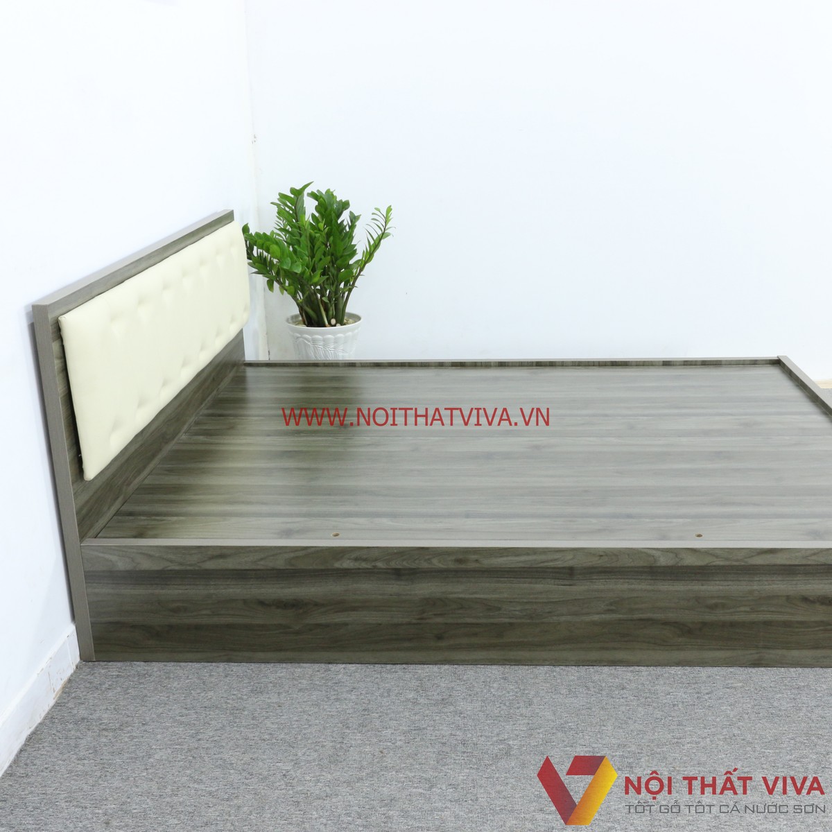 Giường Ngủ Gỗ MDF Melamine Màu Xanh Rêu Vân Gỗ Có Đầu Nệm Kem Đẹp Hiện Đại