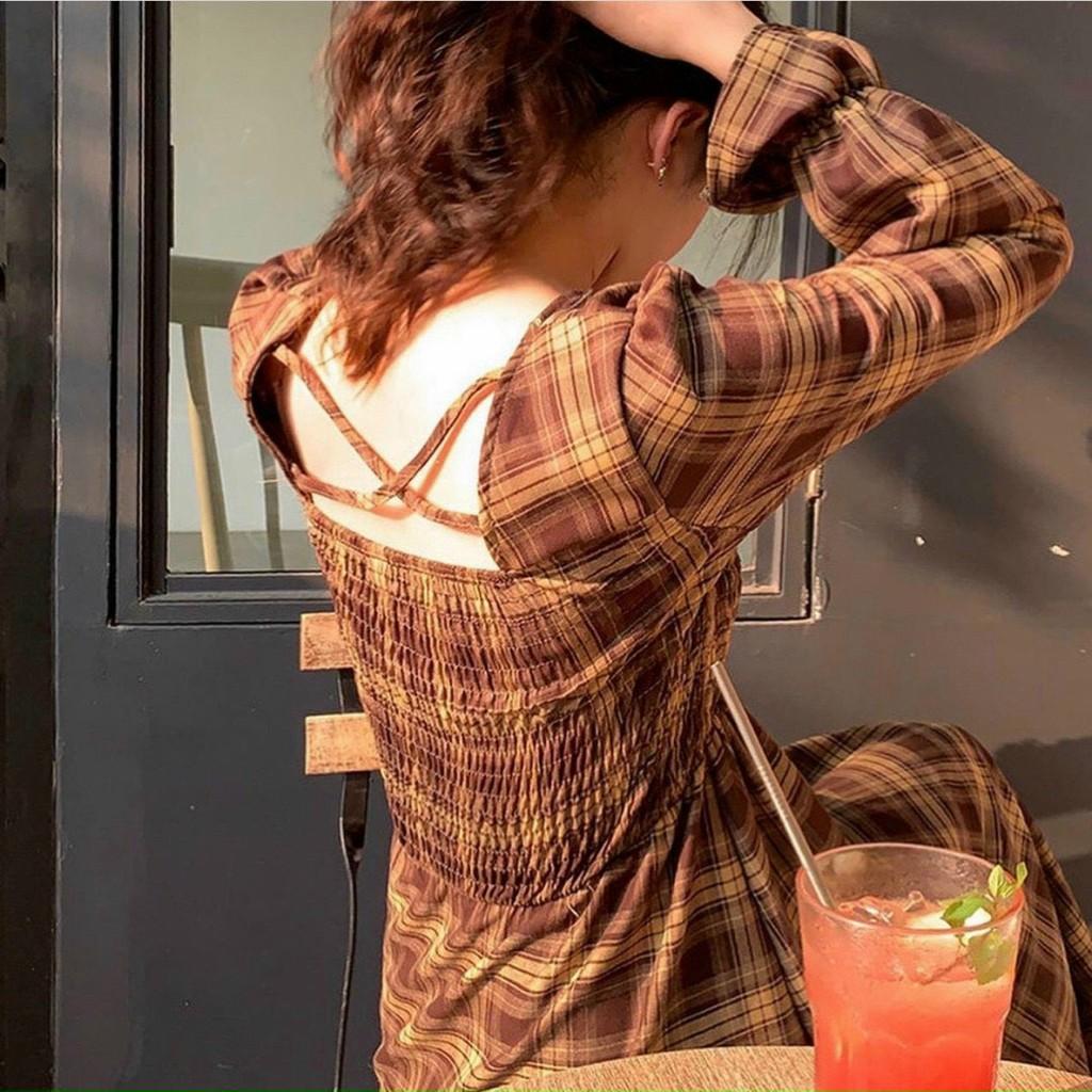 VÁY MAXI CHUN KẺ NÂU TAY BÓ DÀI ĐẦM KẺ CARO NÂU DÁNG XÒE CỔ VUÔNG HOT