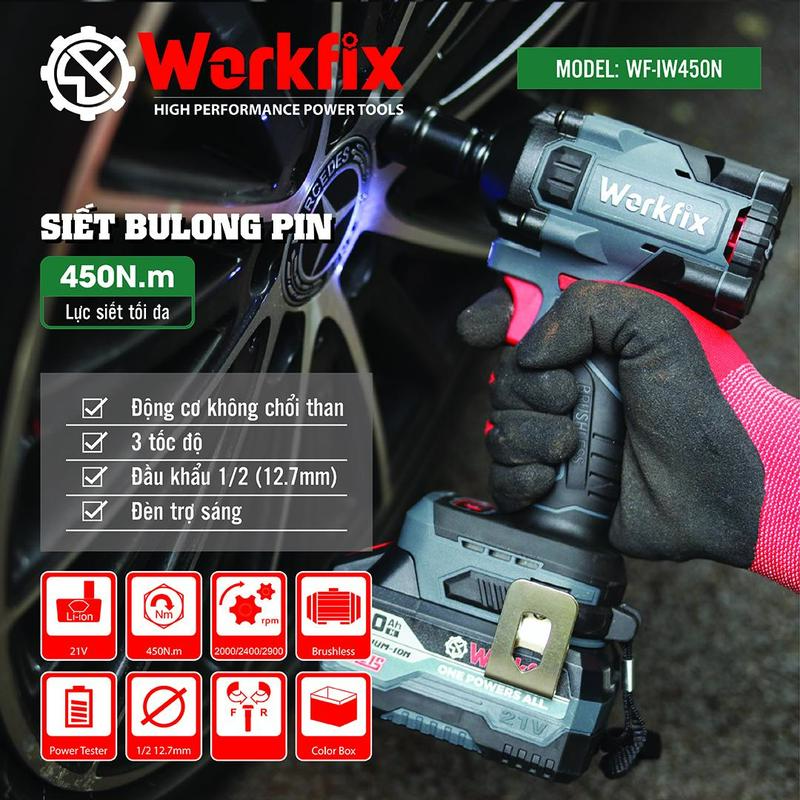 [ Tặng 26 phụ kiện] Máy Siết Bulong Workfix 450N.m 2 pin PLUS- Màu XÁM - Đa Năng 2 In 1 - IW450NBL - Motor Brushless - Chân Pin Phổ Thông 2 Pin 21V/4Ah PLUS - Bảo Hành Chính Hãg - 6th
