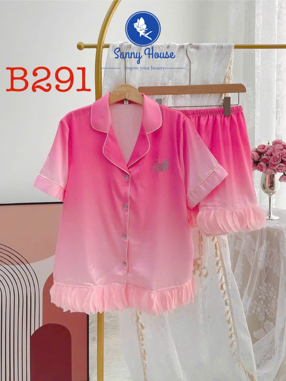 Bộ Đồ Ngủ B291 Lụa Quảng Châu Cao Cấp Đính Đá Thiên Nga Xinh Xắn