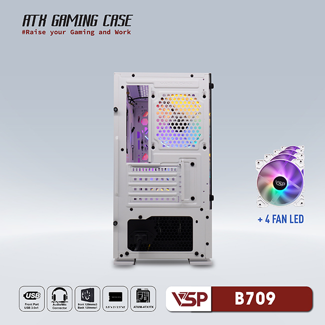 Vỏ máy tính Case VSP B709 [TRẮNG] sẵn 4 Fan LED ~ Gaming kính cường lực (M-ATX/ITX) - Hàng chính hãng TECH VISION phân phối