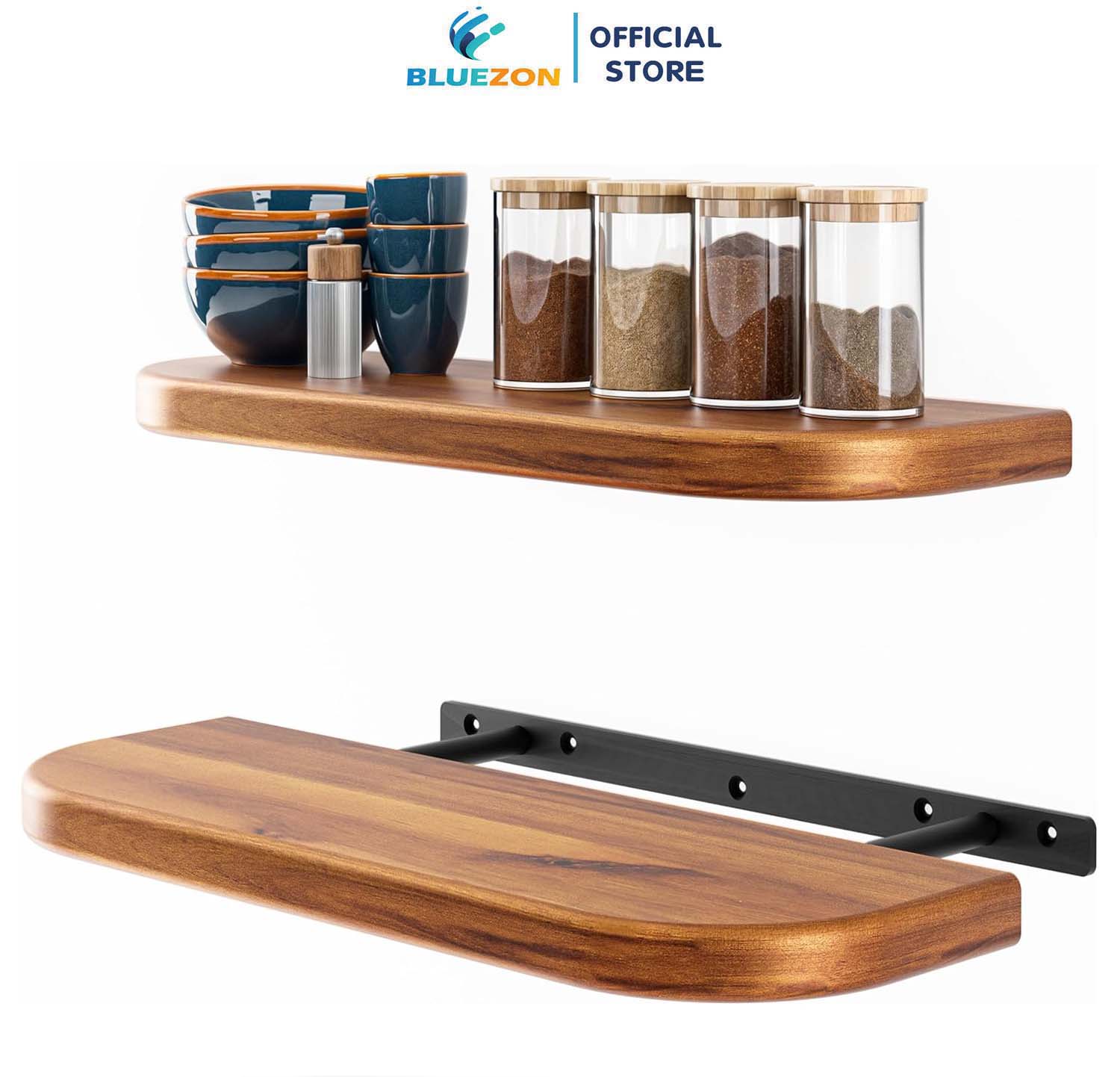 Combo 2 kệ gỗ góc bo tròn BLUEZON treo tường trang trí 43cm, kèm chốt chữ U âm tường, phụ kiện vít tắc kê