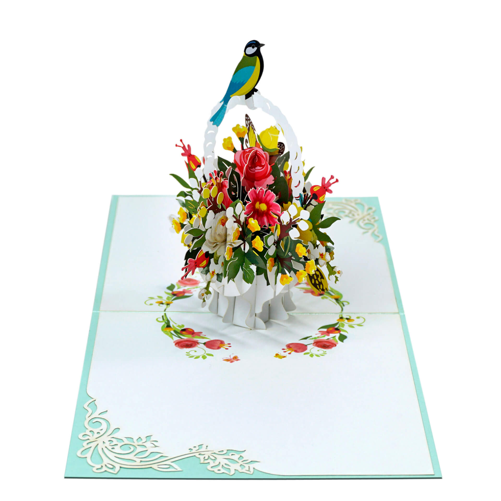 Thiệp 3D Pop Up Giỏ Hoa &amp; Chim – Thiệp Hoa Chúc Mừng, Sinh Nhật, Tri Ân, Độc Đáo, F18
