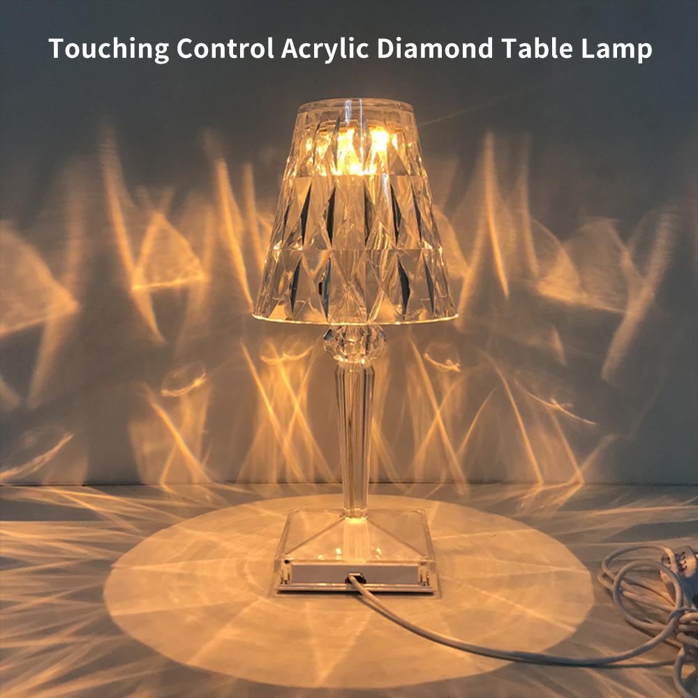 Đèn bàn acrylic kim cương 3 màu chiếu sáng có thể sạc USB điều khiển cảm ứng