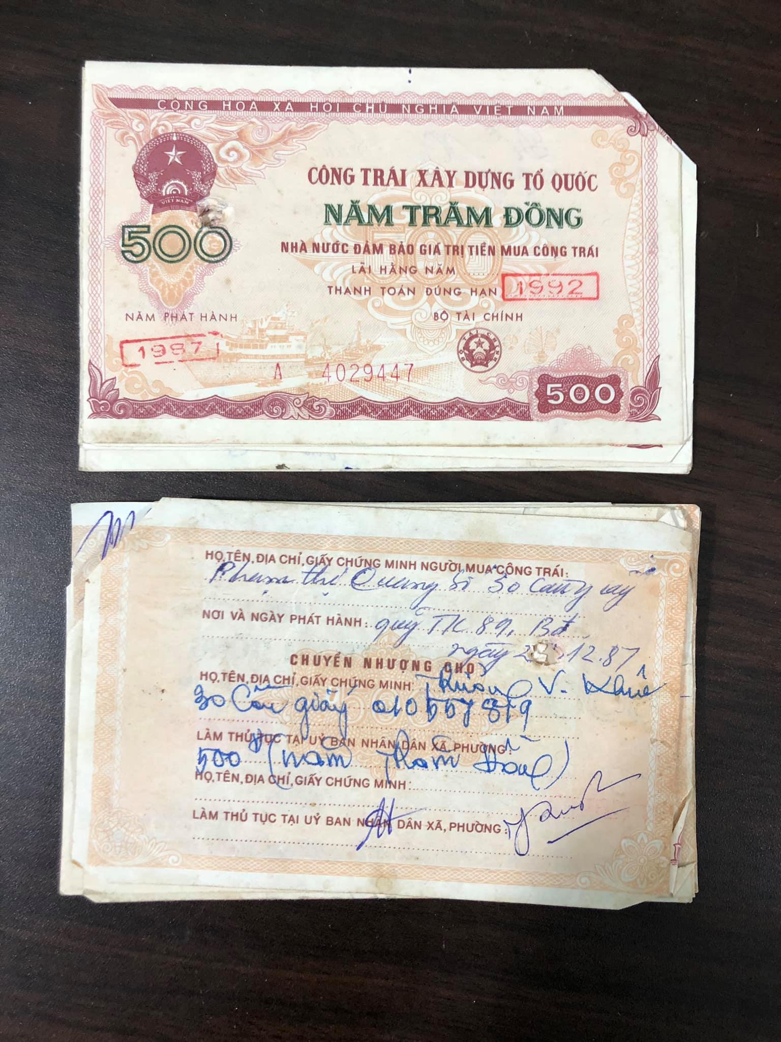 01 tờ công trái xây dựng Tổ Quốc loại 500 đồng phát hành năm 1987 sưu tầm