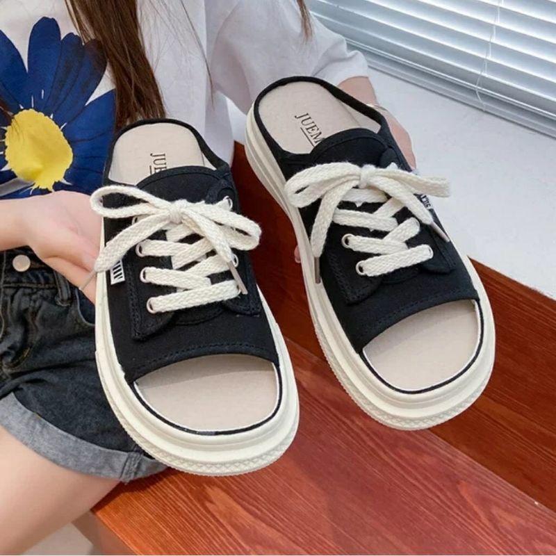 Dép sục vải nữ hở mũi buộc dây Cao Cấp 2 màu đen , caro Kiểu dáng thể thao ôm chân,phù hợp với các bạn Nữ