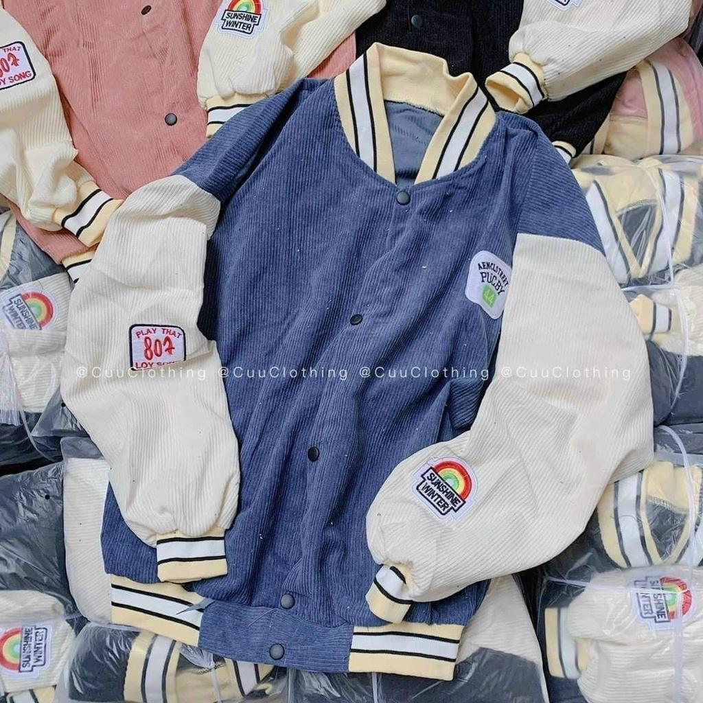 Áo Khoác Bomber Nhung Gân Thêu Logo Sunshine Unisex Nam Nữ