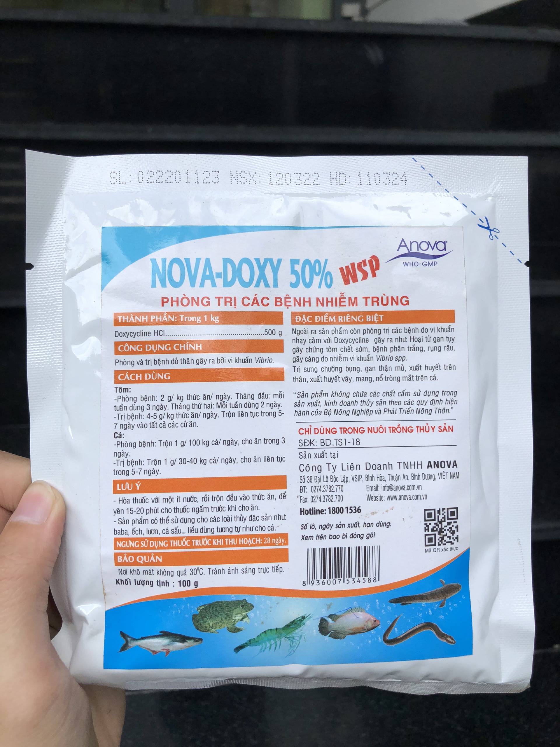 Nova Doxy 50% WSP trị xuất huyết vây, mang, chướng bụng, gan thận mủ, nổ tròng mắt trên cá, bệnh phân trắng trên tôm (Gói 100g)
