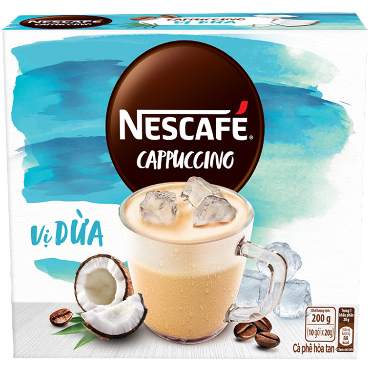 Combo 4 hộp cà phê hòa tan Nescafé Cappuccino vị dừa (Hộp 10 gói x 20g) - [Tặng bộ 3 thố thuỷ tinh Nescafé]