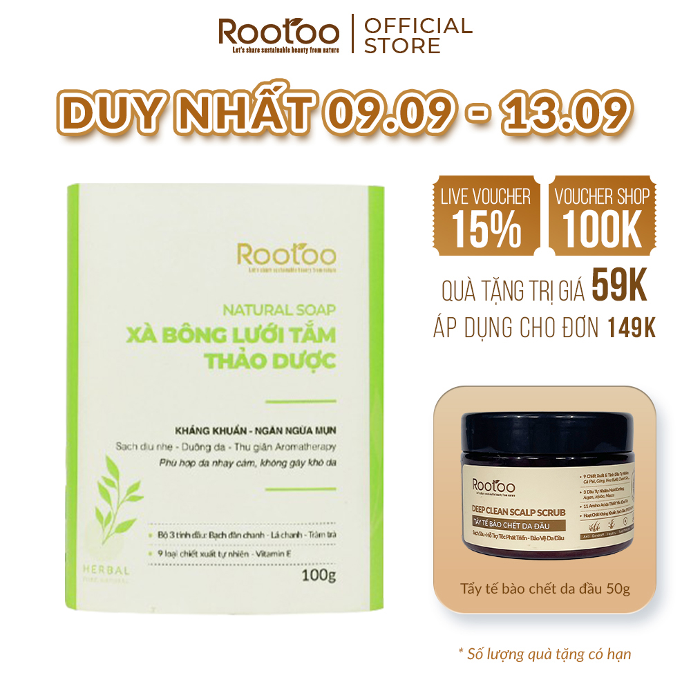 Xà Bông Lưới Tắm Thảo Dược Sáng Da Rootoo Thuần Tự Nhiên Giúp Ngừa Mụn Lưng, Kháng Khuẩn 150g