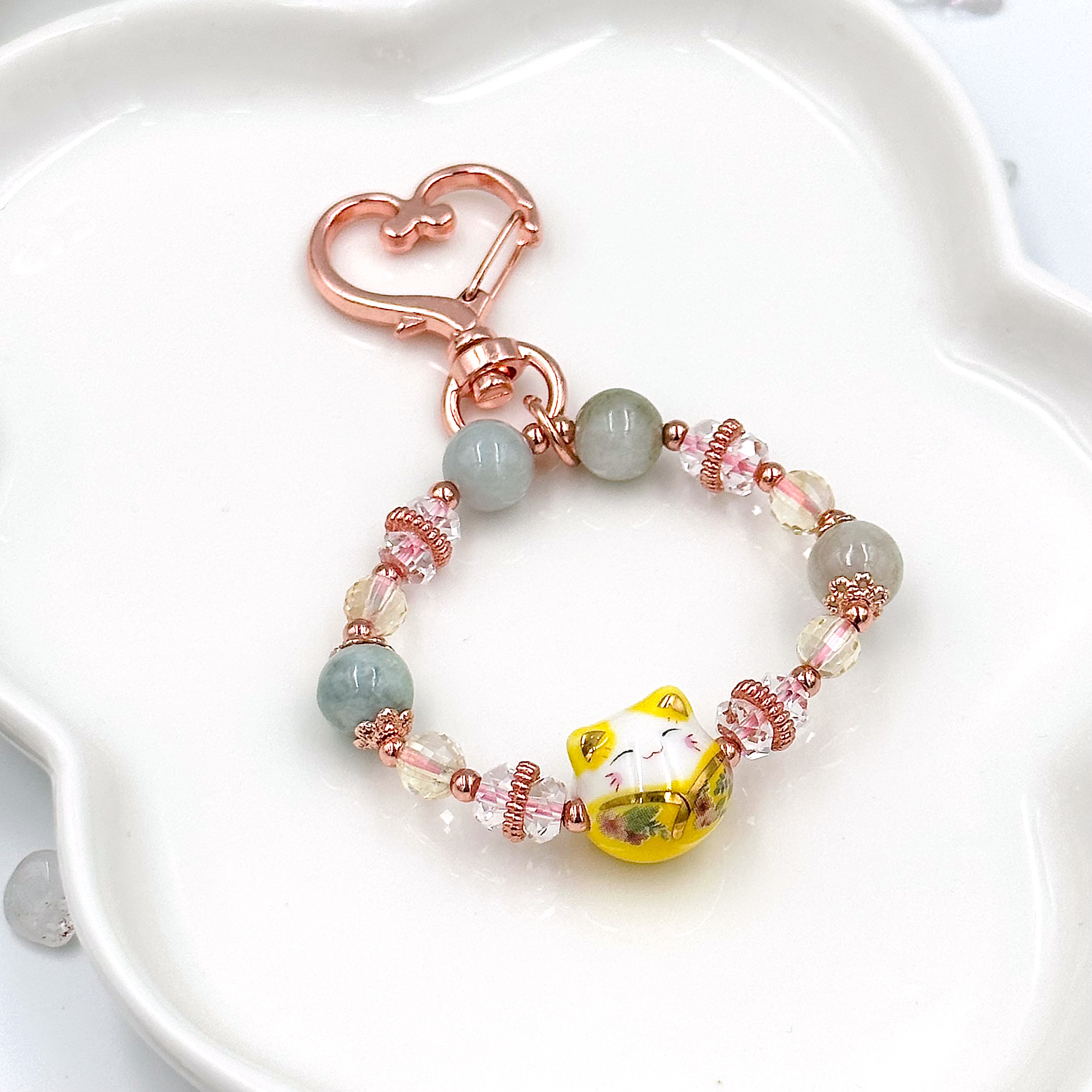 CRZ Bag Charm - Phụ Kiện - Yellow Porcelain Cat With Jadeite and Citrine - Móc Khóa Vòng Tay Đá Ngọc Bích và Thạch Anh Vàng Kèm 1 Charm Hình Mèo Gốm
