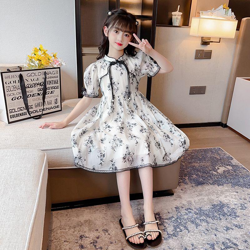 CHENGRUI Cô gái ăn mặc Midboy mùa hè 2023 mực vẽ sườn xám váy cô gái phong cách phương Tây cổ trang công chúa váy
