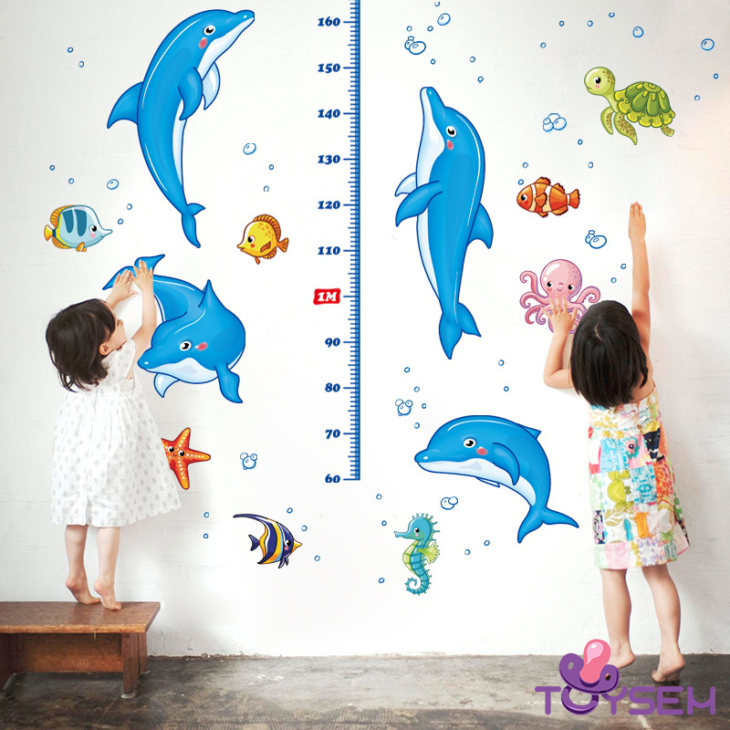 Decal dán tường thước đo chiều cao cho bé hình cá heo xanh - Trang trí decor phòng cho bé - Quà Tặng sinh nhật cho trẻ