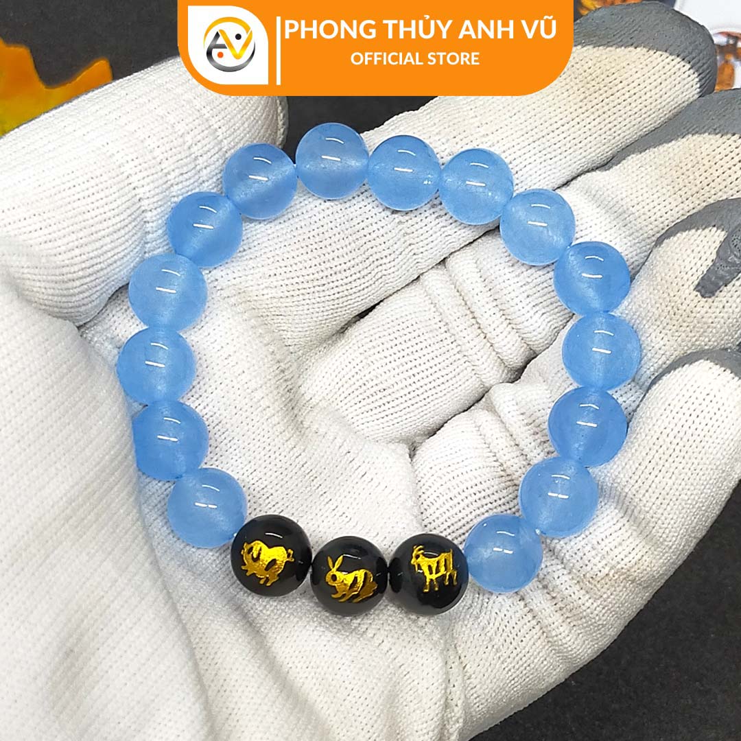 Vòng tay tam hợp hợi mão mùi đã khai quang - chất liệu mã não xanh tự nhiên - size 8 10ly - may mắn tài lộc - Vòng Tam Hợp Anh Vũ