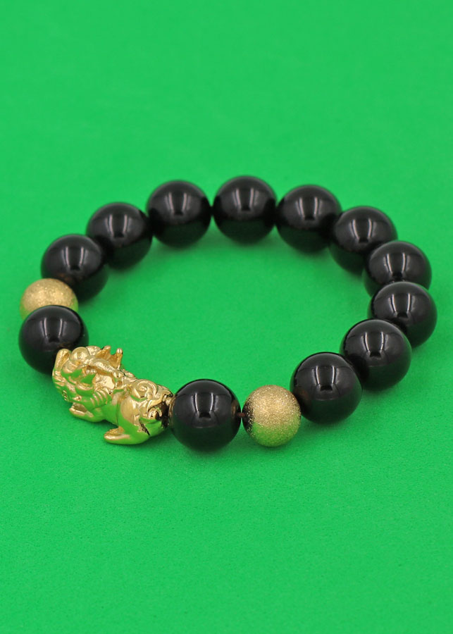 Vòng tay đá Thạch Anh Đen 12 ly - charm Bi vàng - cẩn Tỳ Hưu Phong Thủy inox vàng VTAETHHBV12 - hợp mệnh Thủy, mệnh Mộc