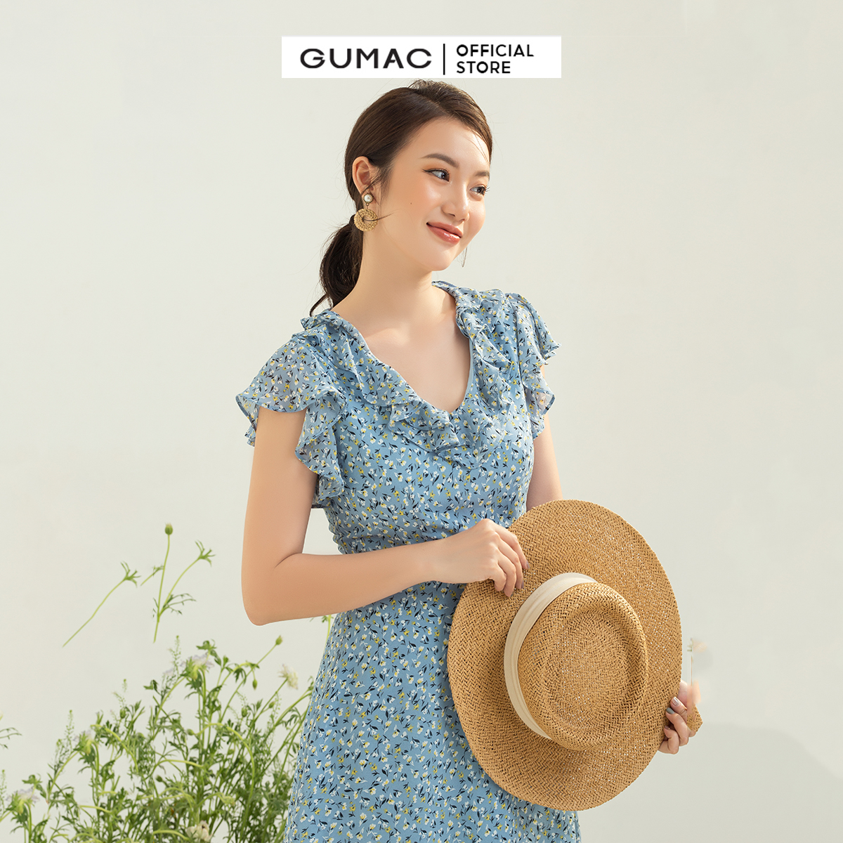 Đầm phối bèo GUMAC DC04032 form A tay loe