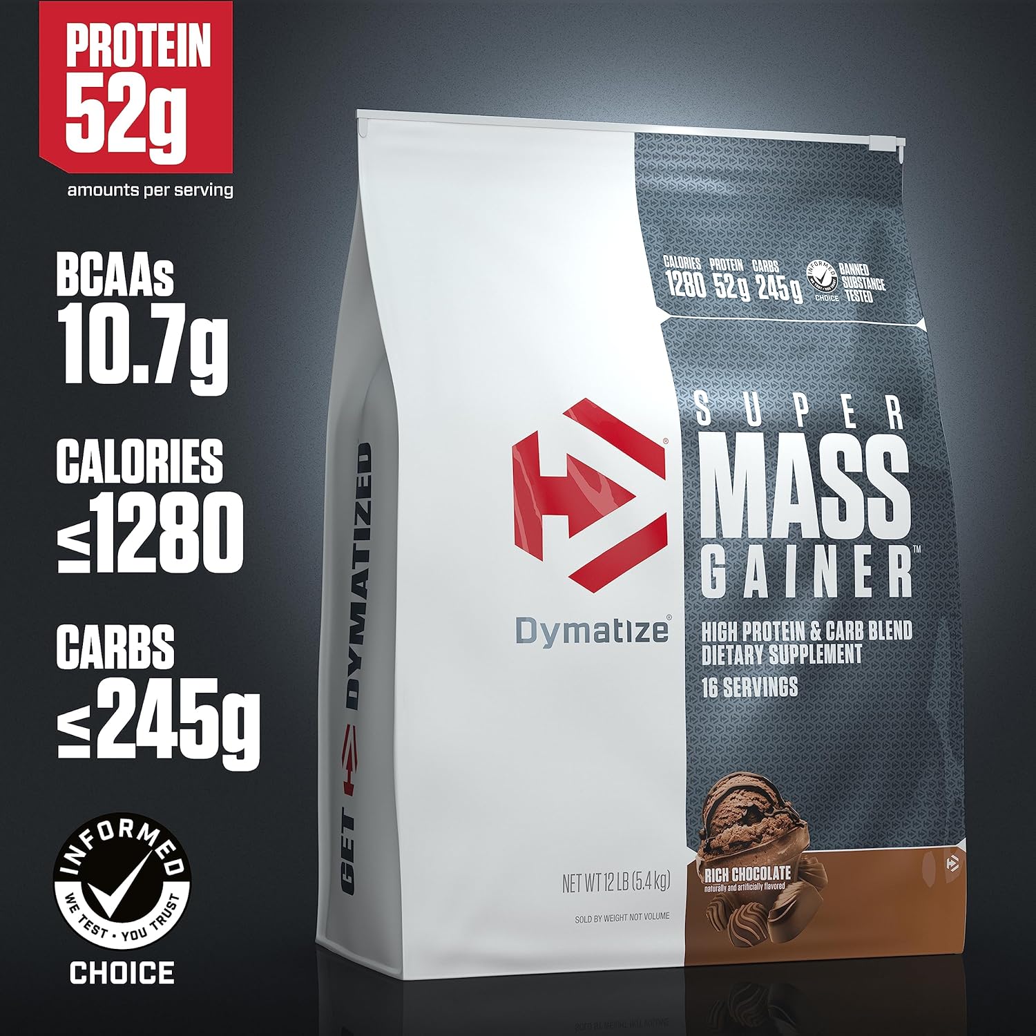 Dymatize Super Mass Gainer 5.4Kg (12Lbs),Sữa Tăng Cân Tăng Cơ, Bổ Sung 1280 Calo, 52G Protein và Vitamin Khoáng Chất