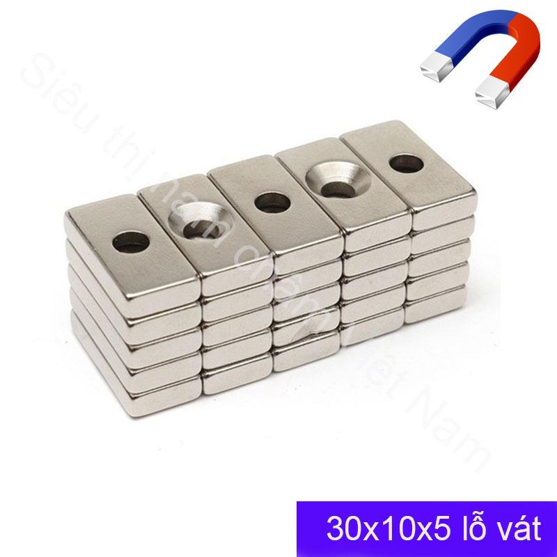 Nam châm trắng kích thước 30x10x5 1 lỗ vát set 5 viên, nam châm đất hiếm siêu cường