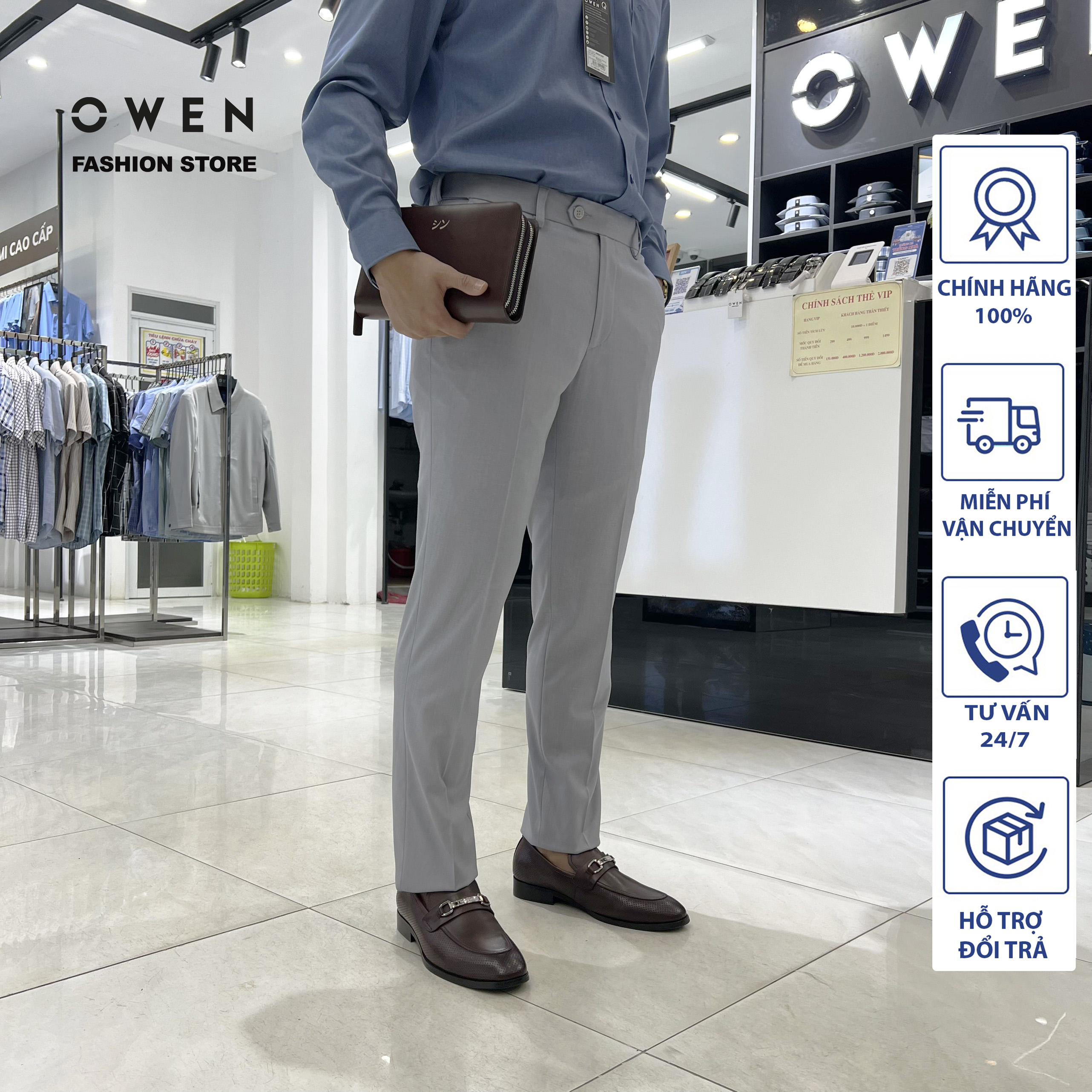 OWEN - Quần âu nam công sở dáng SLIMFIT màu Xám sáng có trợ cạp co dãn mã QST220677