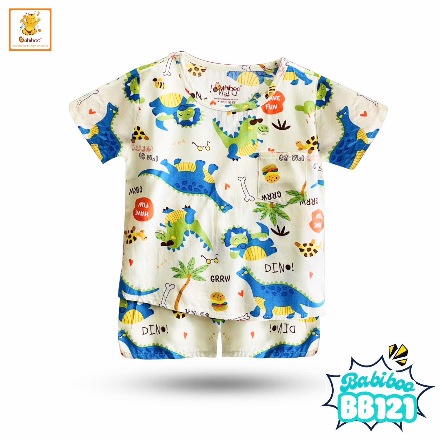 Đồ bộ bé trai Babiboo đồ bộ ngắn tay vải tole mát mẻ, họa tiết dễ thương BB121