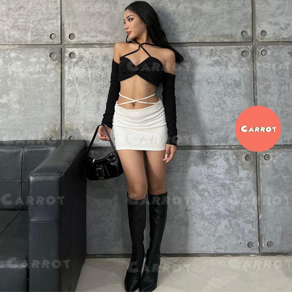 Áo croptop đen tay dài sexy cột dây tôn dáng trendy thời trang nữ carrotxinhdep đi chơi đi du lịch