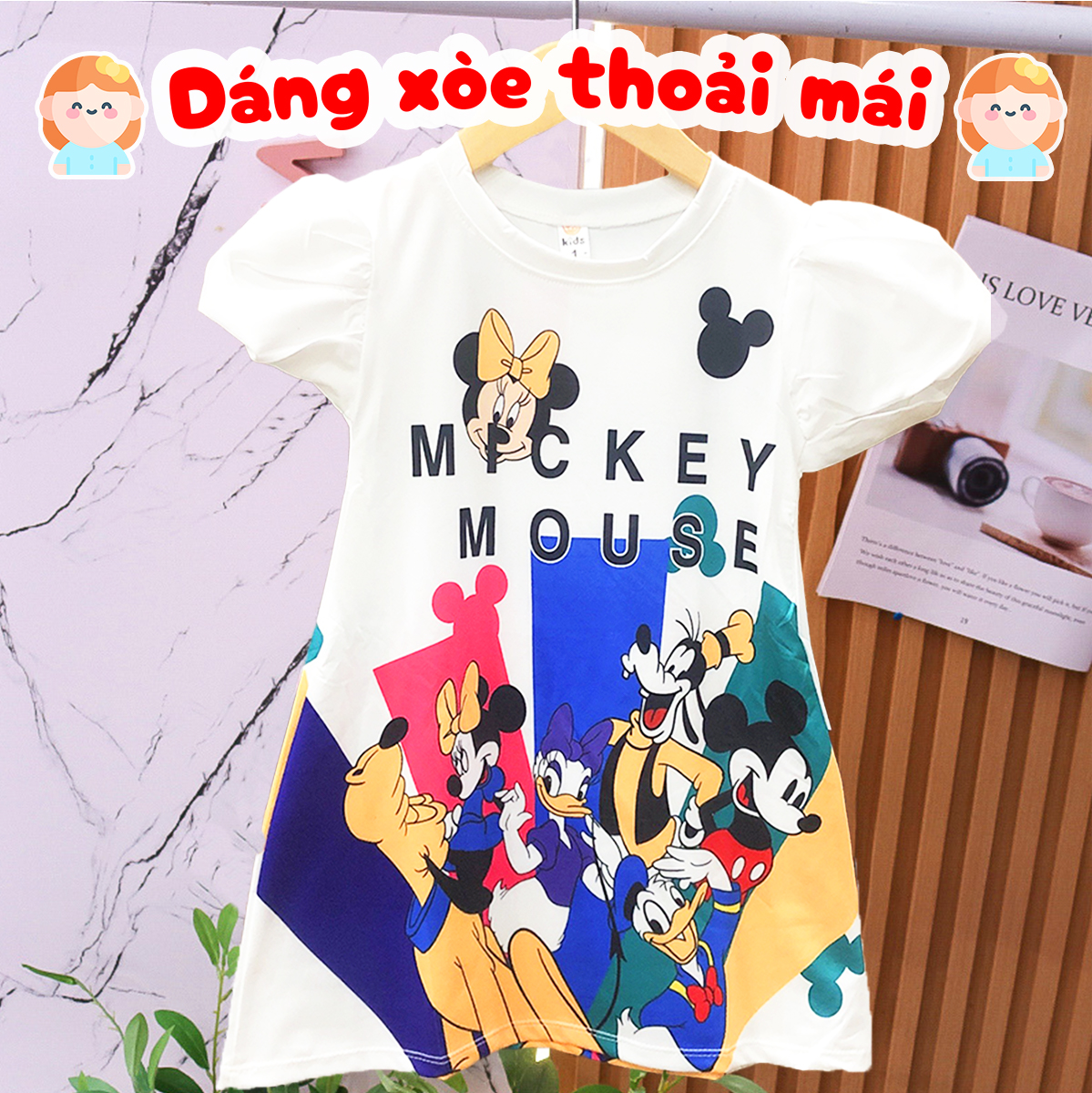 Đầm cho bé gái, Váy hoạt hình 3D cho bé 10-24kg thiết kế tay bồng dáng xòe siêu xinh – D090