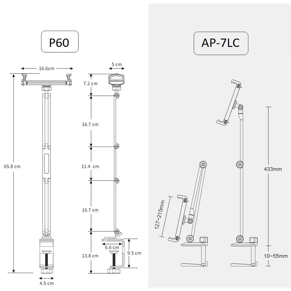 P60 Kệ kẹp ipad, máy tính bảng kẹp cạnh bàn, cố định đầu giường, điều chỉnh 3 khớp, xoay 360 độ cao cấp.