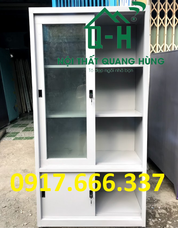 TỦ HỒ  SƠ KÍNH CỬA LÙA SƠN TĨNH ĐIỆN MÀU XÁM TRẮNG DÀNH CHO VĂN PHÒNG