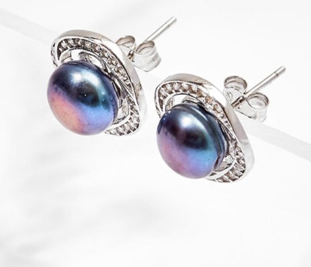Bông Tai Halo Ngọc Trai Đen 8MM Bạc Italy