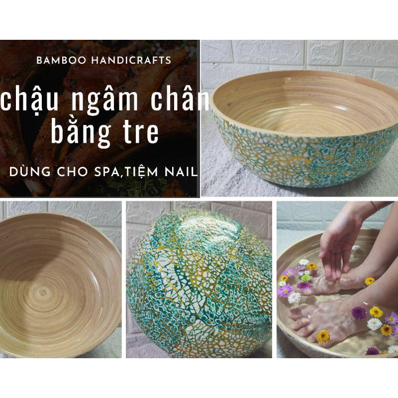 chậu ngâm chân bằng tre dùng cho Spa, tiệm nail.Kích thước rộng 30cm sâu 12cm.