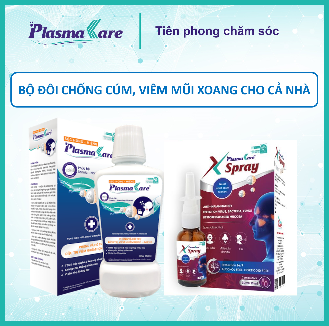 Combo 01 súc miệng họng nano bạc PlasmaKare và 01 xịt mũi xoang nano bạc PlasmaKare X-spray toàn diện cho cúm, VlÊM XOANG, VlÊM mũi dị ứng