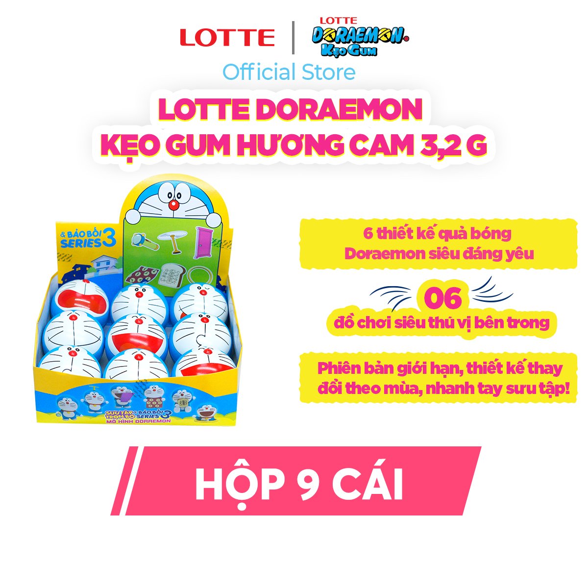 Combo 9 hộp Lotte Doraemon - Kẹo gum hương cam 3 g