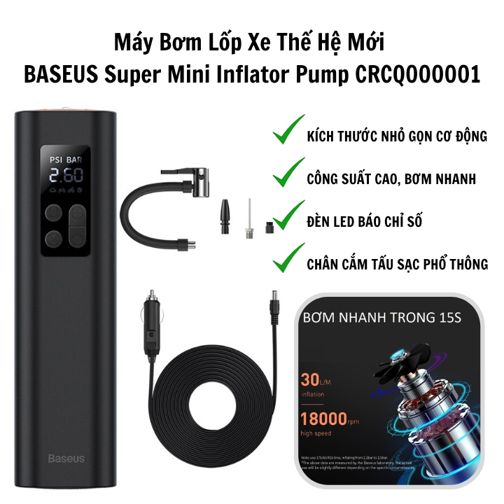 Máy Bơm Lốp Ô Tô Thế Hệ Mới Sothing Baseus Super Mini Inflator Pump CRCQ000001- Hàng Chính Hãng