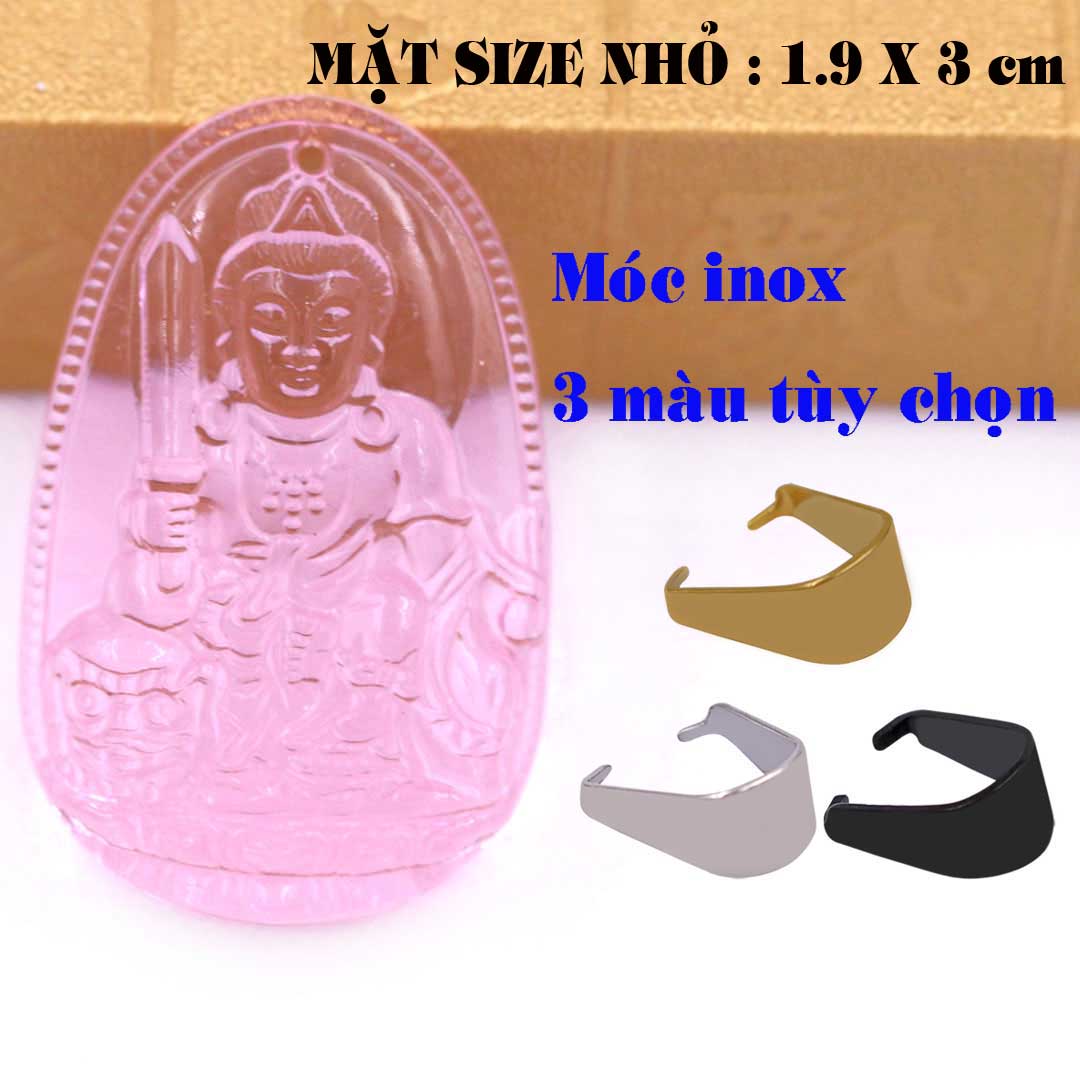 Mặt Phật Văn thù pha lê hồng 1.9cm x 3cm  kèm móc dây chuyền inox vàng, Phật bản mệnh, mặt dây chuyền Phật giáo