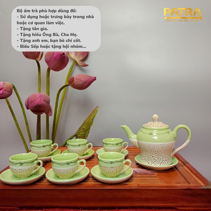 Bộ ấm chén uống trà cao cấp , bộ ấm trà Bát Tràng men rạn màu 001