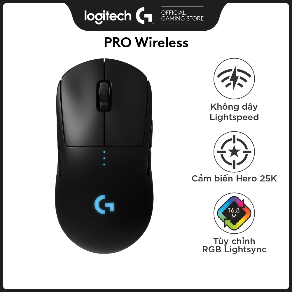 Chuột game không dây Logitech G Pro Wireless - Thiết kế cấp độ Esport, nhẹ, cảm biến Hero 25k, RGB Lightsync, Lightspeed -Hàng Chính Hãng