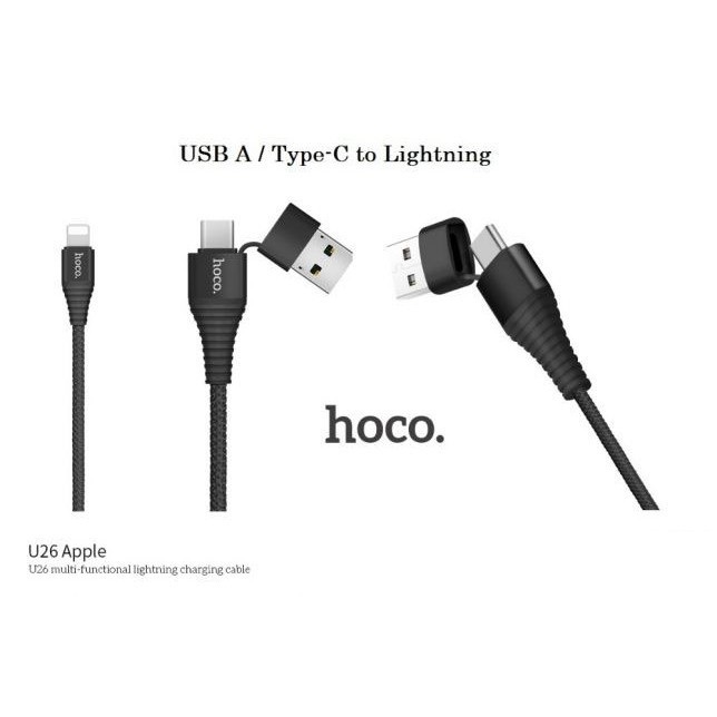 Cáp sạc dây dù đa năng Type-C/USB Lightning HOCO U26 siêu bền cho iPhone, iPad - Hàng chính hãng