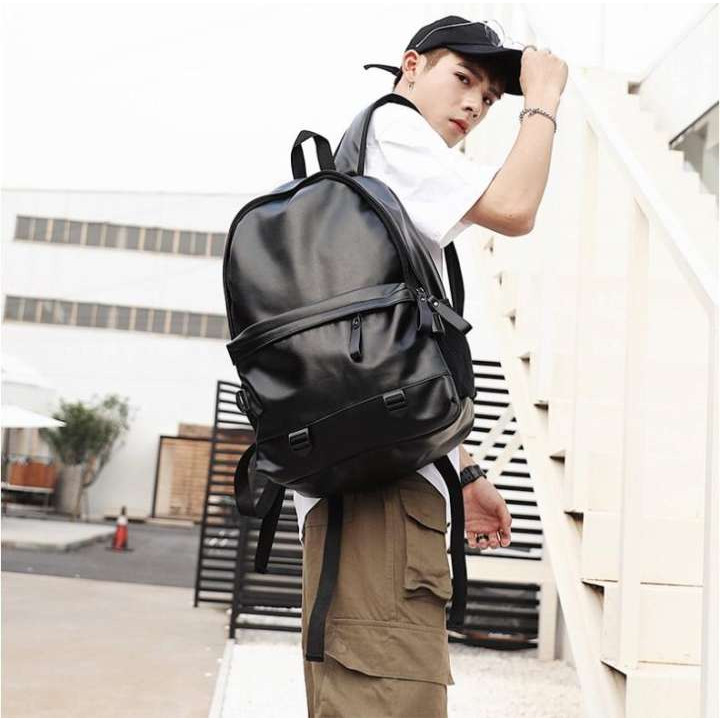 Unisex Backpack Pu Leather Student Bag - Black