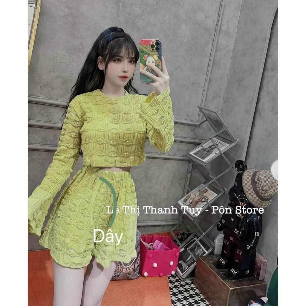FREE SHIP Set bộ đồ nữ áo tay dài croptop mix quần đùi ống rộng cùng tone màu đơn giản KIM GIA DS