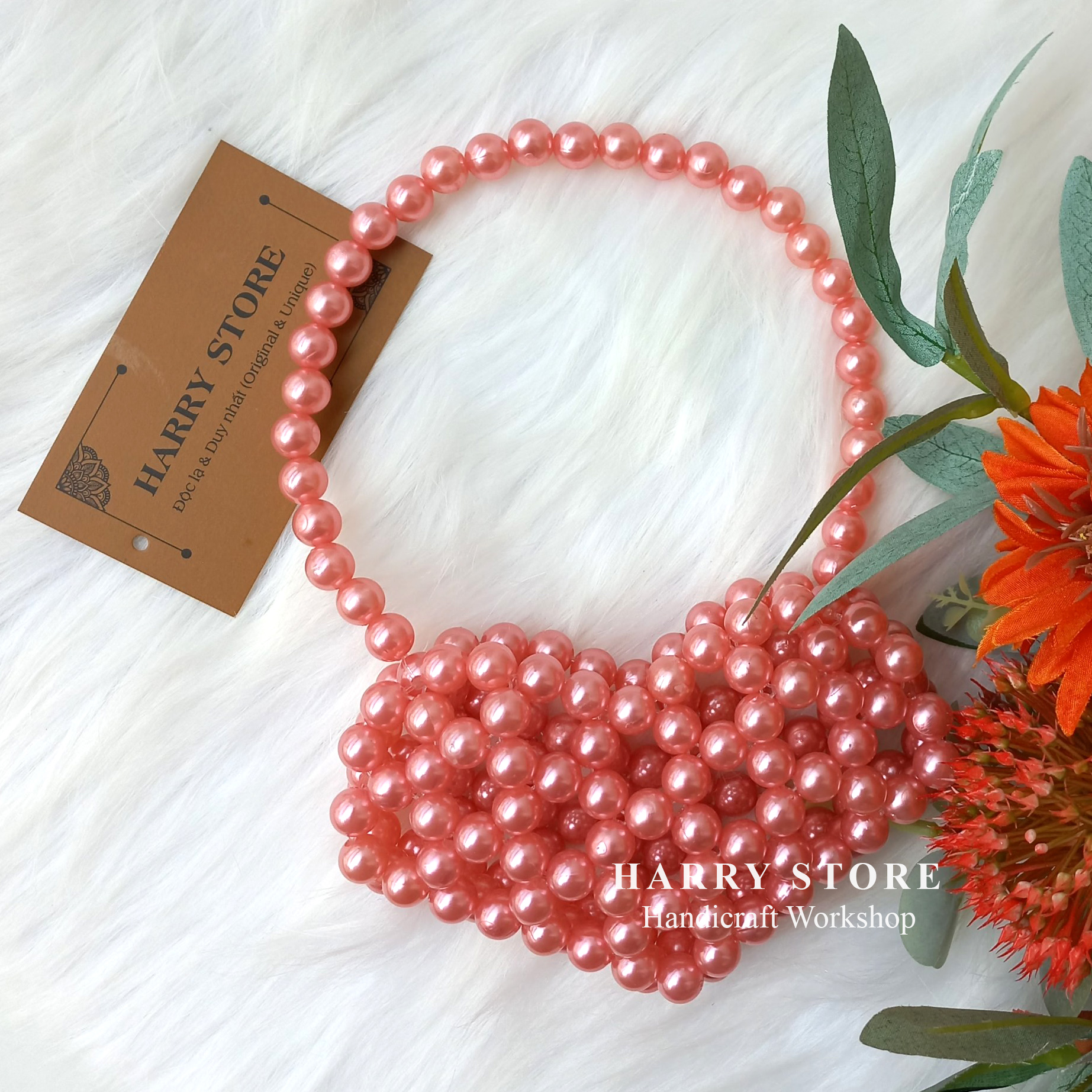 Túi cườm handmade kết ngọc trai hình trái tim đáng yêu HRRE-HN