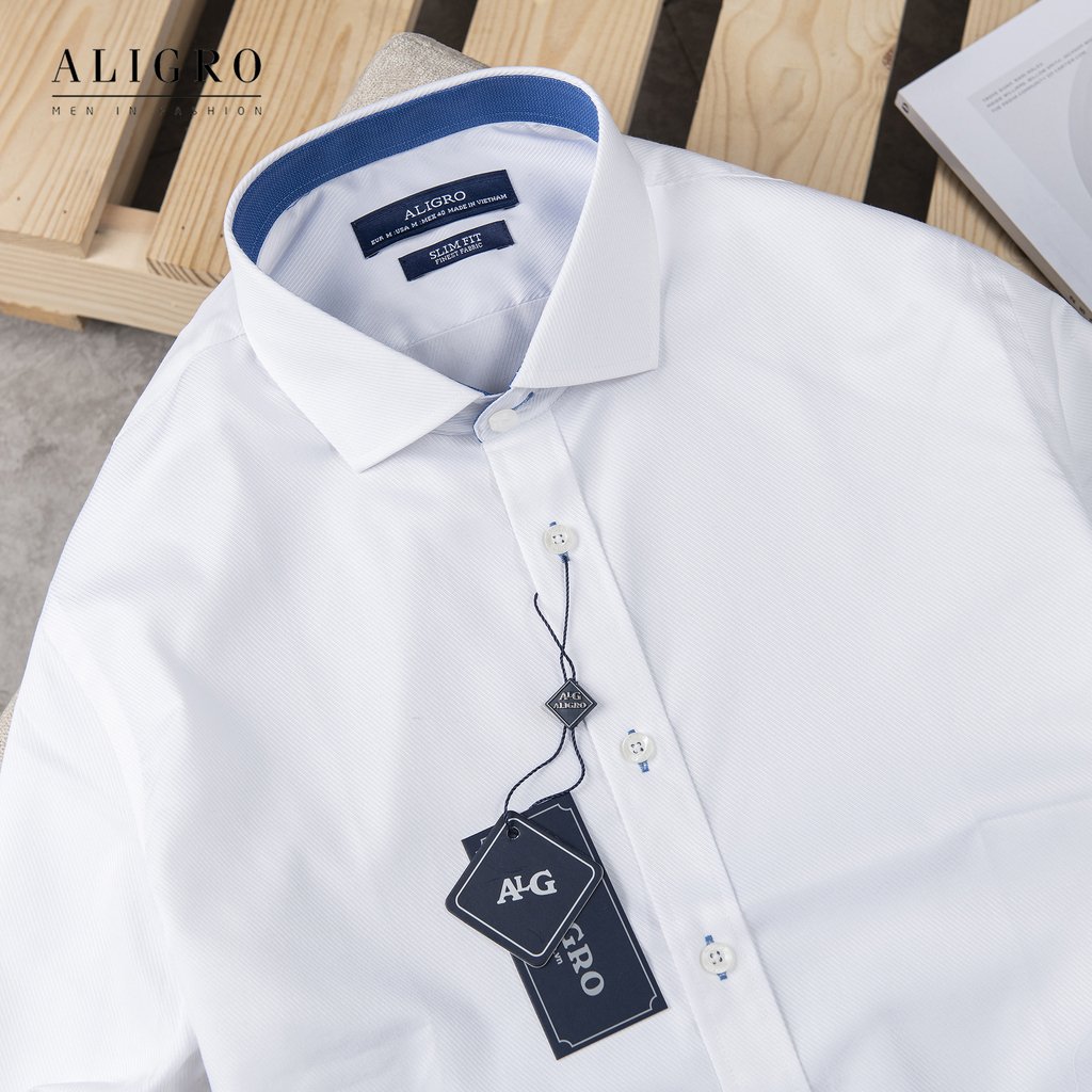 ÁO SƠ MI NAM TRẮNG DÀI TAY PHỐI CỔ XANH ALIGRO DÁNG SLIMFIT MÃ ALGS195