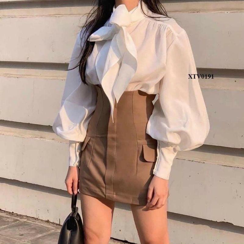 CHÂN VÁY CHỮ A NÂU 2 TÚI GIẢ