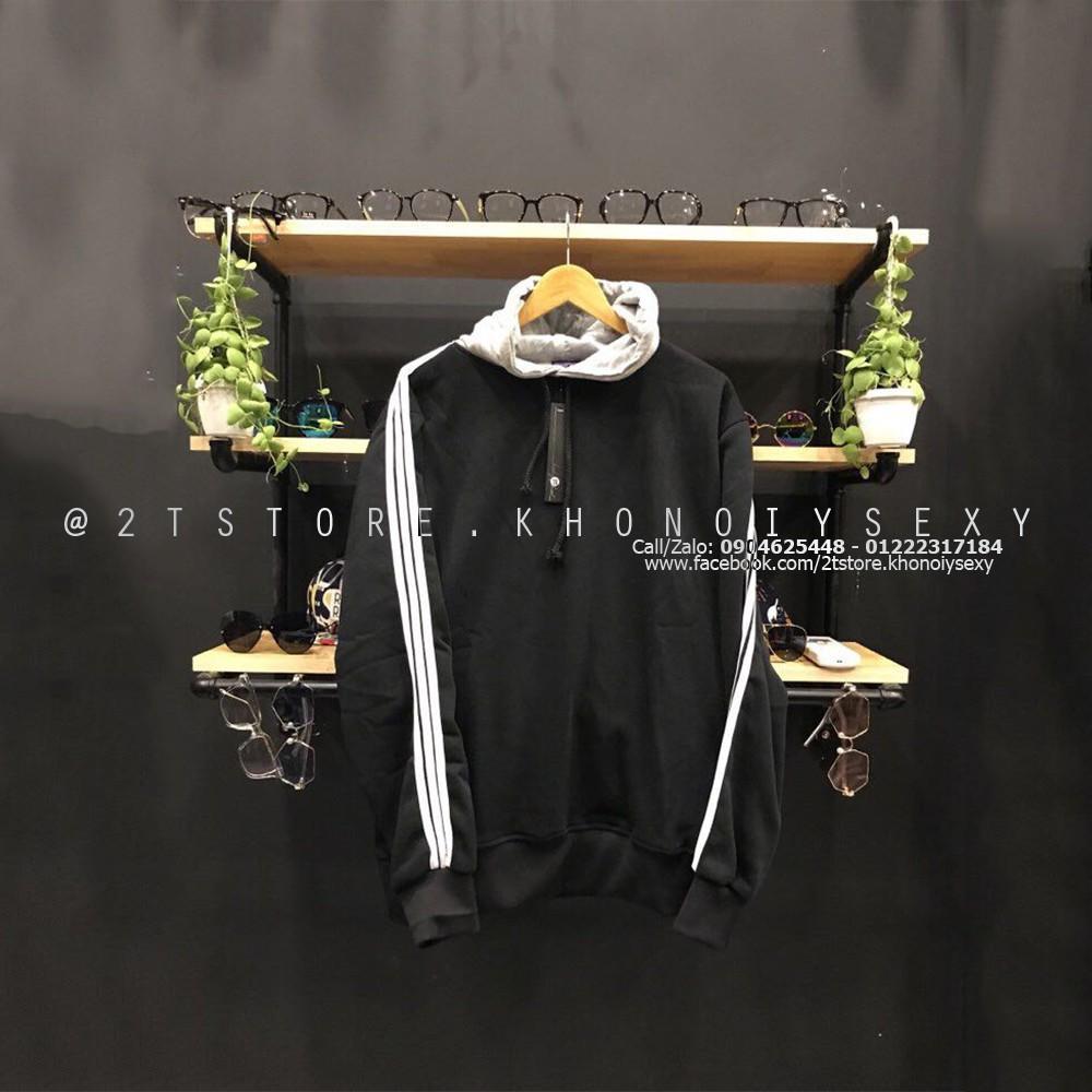 Áo Hoodie 3Lines nón xám unisex 2T Store H3L03 màu đen khoác nỉ chui đầu 3 sọc nón may 2 lớp dày dặn chất lượng